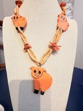 Vintage 24” Painted Wood Pig Statement Necklace